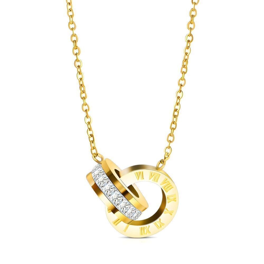 18K Gold Plated Stainless Steel Necklace Roman Numeral Dual Charm Waterproof